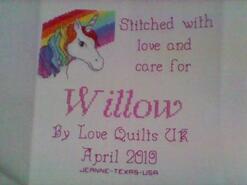 Cross stitch square for Willow H's quilt