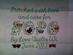 Cross stitch square for Hope W's quilt